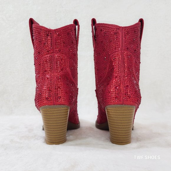 Dolly Red Rhinestone Glitter Disco Cowgirl Country Western Ankle Boots - Picture 8 of 11